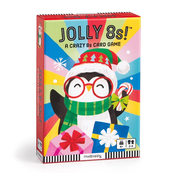 Jolly 8s! A Crazy 8s Card Game box by mudpuppy, featuring a festive penguin wearing a Santa hat and scarf with presents and candy canes on a colorful striped background.