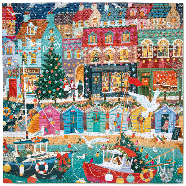 Colorful Christmas-themed puzzle with a village scene, boats, and festive decorations.