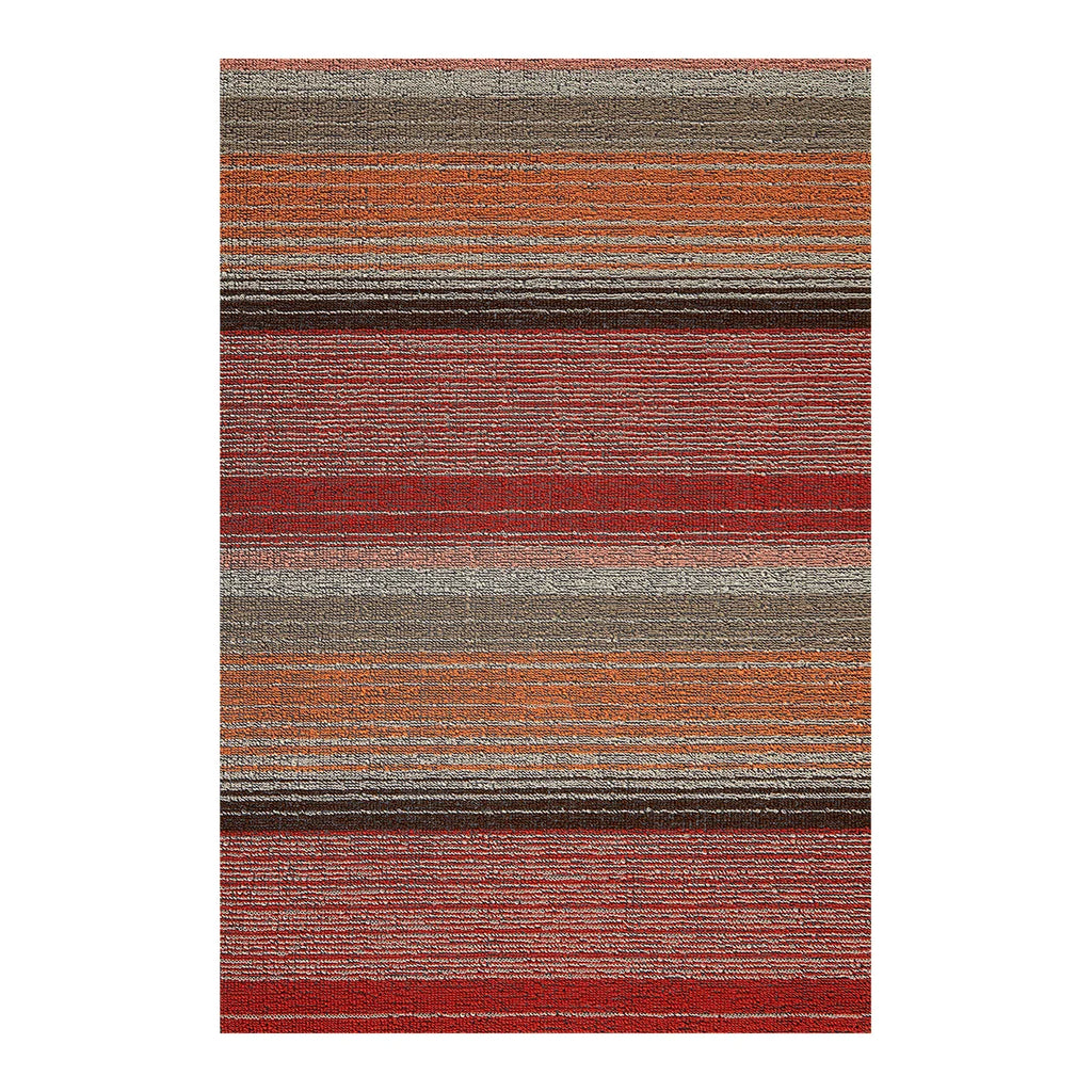 A rectangular door mat with a striped pattern in shades of red, orange, brown, and gray, shown flat against a white background.