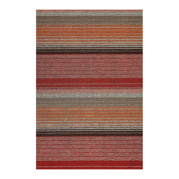 A rectangular door mat with a striped pattern in shades of red, orange, brown, and gray, shown flat against a white background.