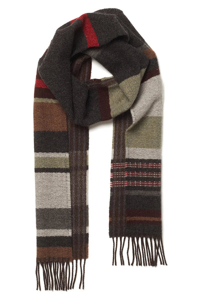 A multicolor striped knit scarf with fringe ends, featuring blocks of dark brown, charcoal gray, beige, olive green, and red, displayed on a clean white background.