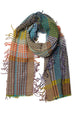 A multicolor woven scarf with fringe details, featuring a plaid and houndstooth pattern in shades of green, blue, brown, orange, yellow, and purple on a white background.