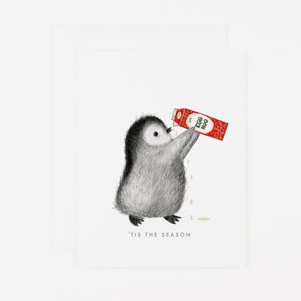 Penguin Drinking Eggnog Card