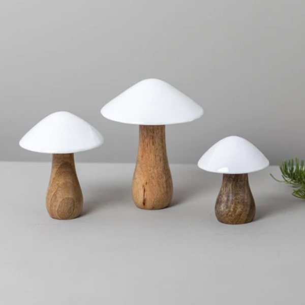 Mango Wood & White Enamel Mushroom