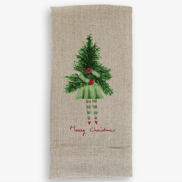Lady with Christmas Tree Natural Guest Towel