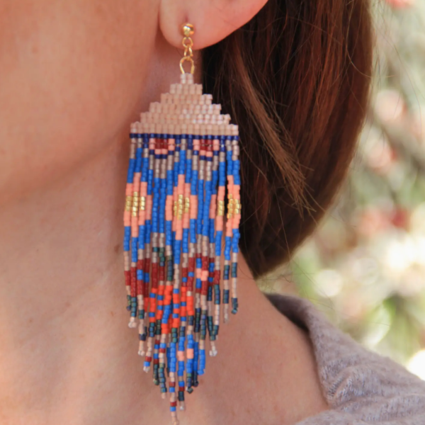 Beaded Handwoven Huipil Fringe Earrings-Ocean Sunset