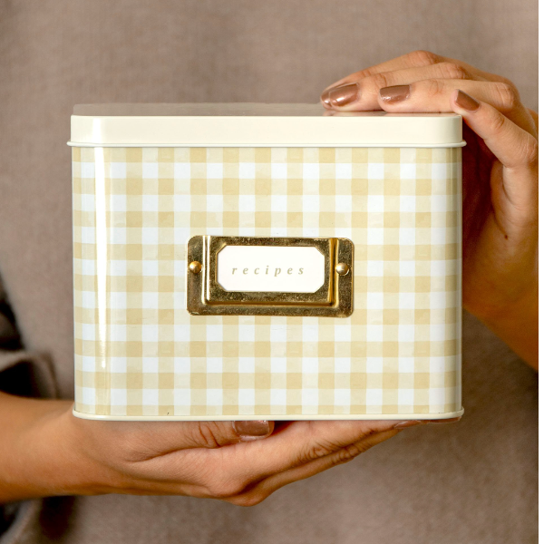 Beige Gingham Tin Recipe Box