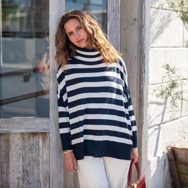 Catalina Turtleneck Sweater: Light Navy Stripes