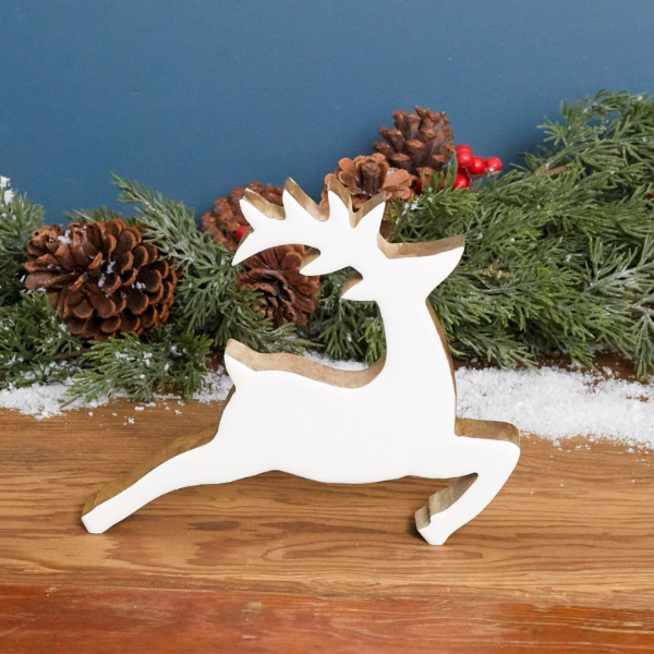 Mango Wood & White Enamel Reindeer Ornament