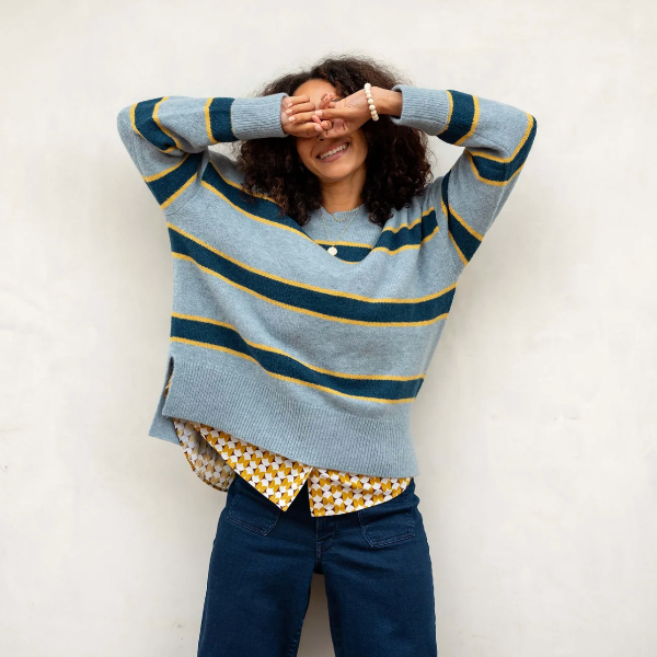 Keeper Crewneck Sweater in Striped Teal