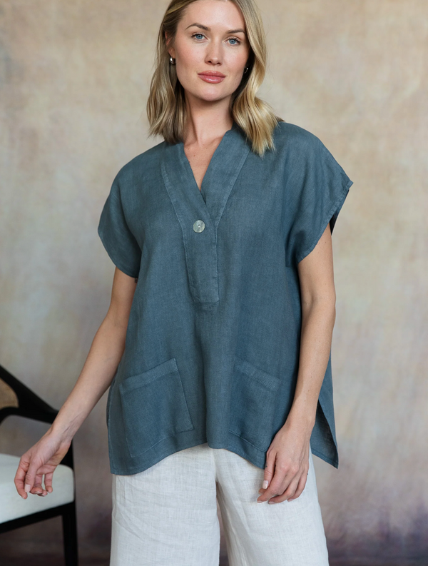 Leni Linen Top- Washed Grey