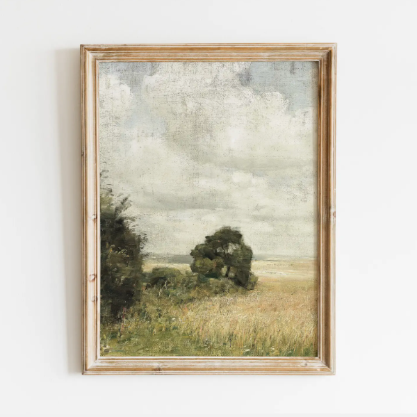 Vintage Green Landscape Painting, Golden Field Print