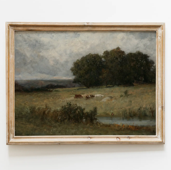Vintage Farmhouse Painting, Moody Landscape Art Print