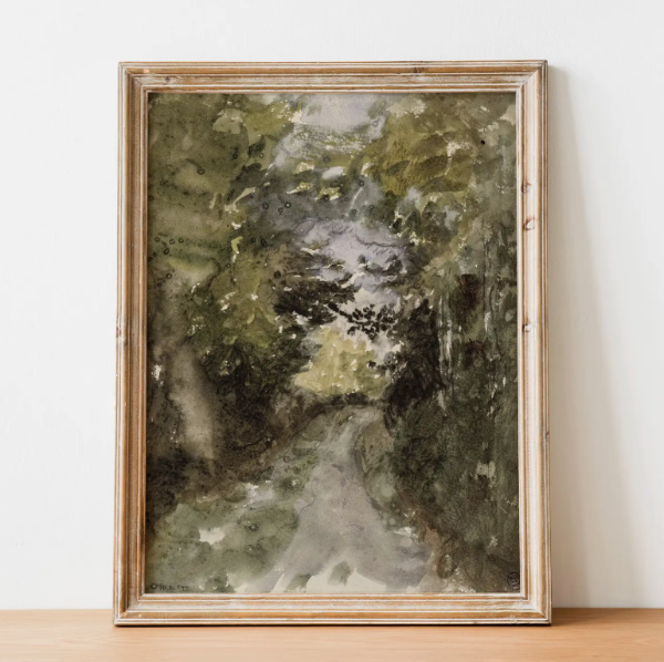 Antique Moody Landscape Art, Muted Green Art Print