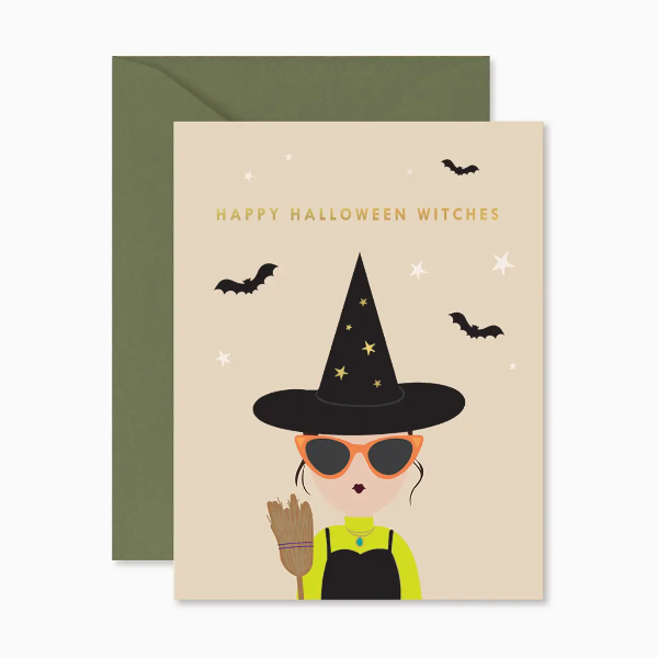 Halloween card with a witch illustration, text 'Happy Halloween Witches', and decorative elements on a beige background.