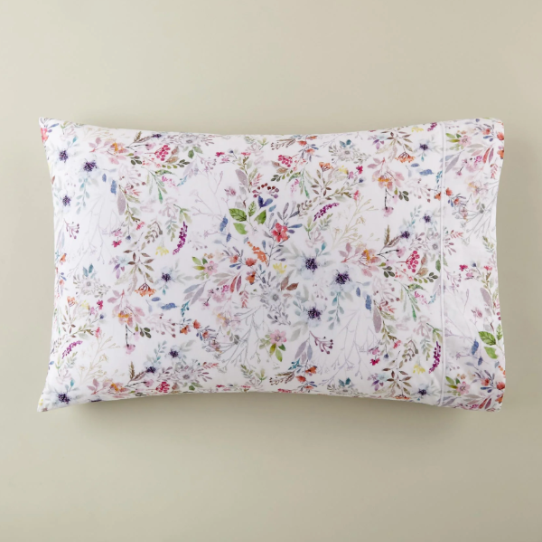 Floral-patterned pillowcase on a beige background