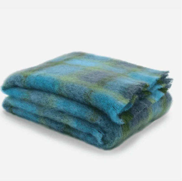 Drumin Plaid Atoll Blue Mohair Throw