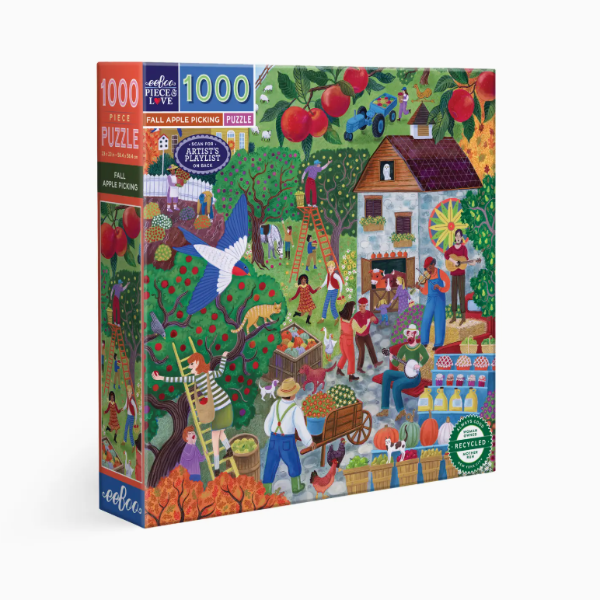 Puzzle box with a colorful illustration of people at an apple orchard and market.