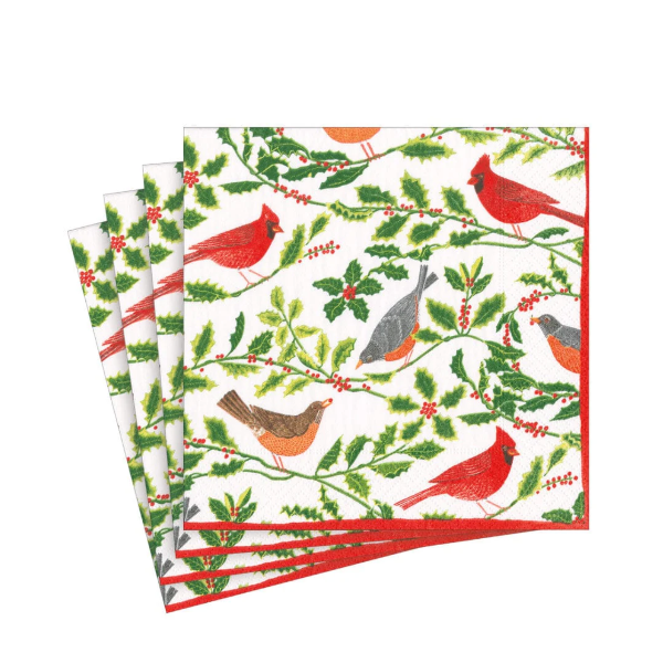Songbirds and Holly White Luncheon Napkins