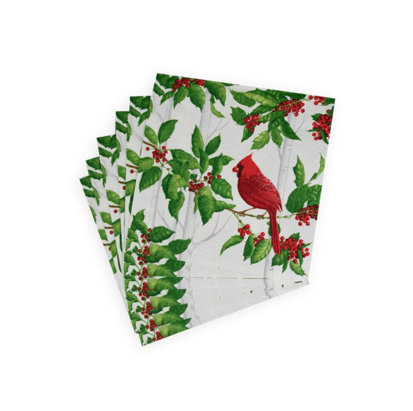 Holly and Songbirds White/Silver Luncheon Napkins