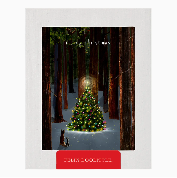 Festive Christmas card with a tree in a forest and 'Felix Doolittle' branding.
