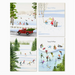Set of four winter-themed greeting cards with snowy landscapes and people engaging in winter activities.