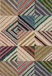 Multicolored geometric patterned rug with various colors.