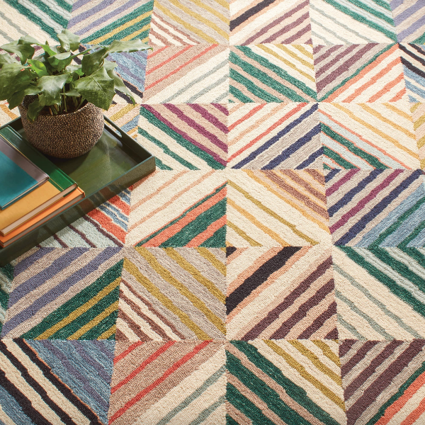 Multicolored geometric patterned rug with a plant and books on a table.