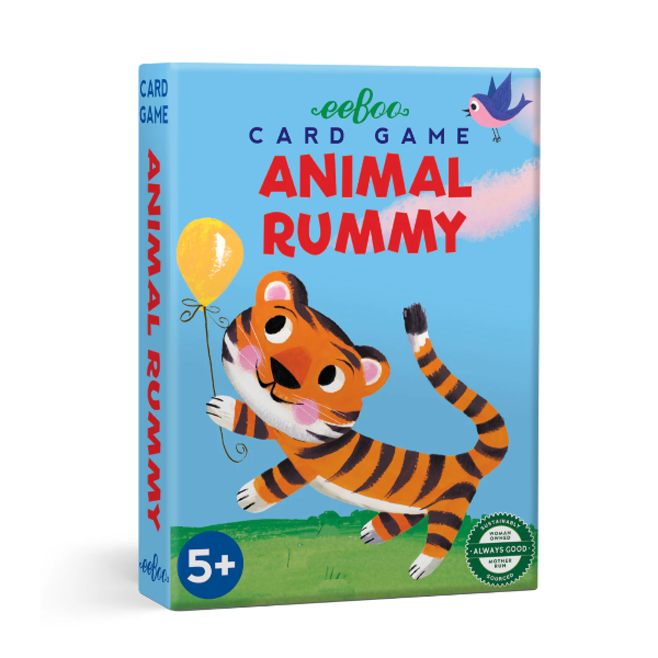 Card game box for 'Animal Rummy' with a tiger illustration on a blue background