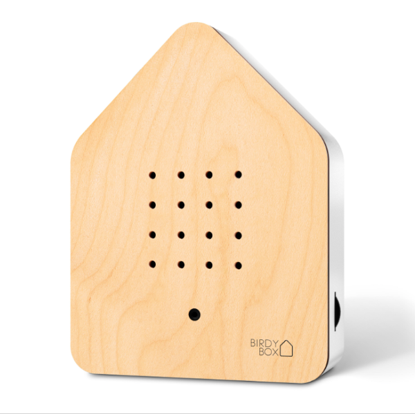 Wooden birdhouse-shaped device with 'Birdy Box' branding on a white background