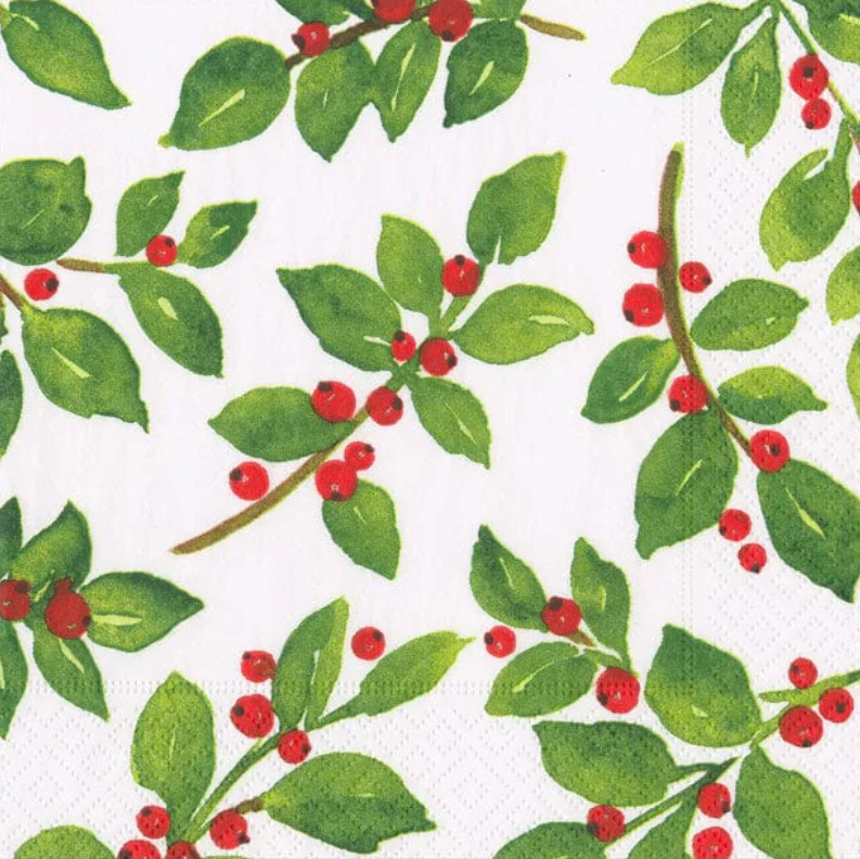 Pattern of green leaves and red berries on a white background