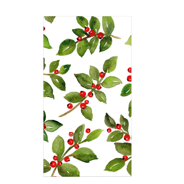 Pattern of green leaves and red berries on a white background