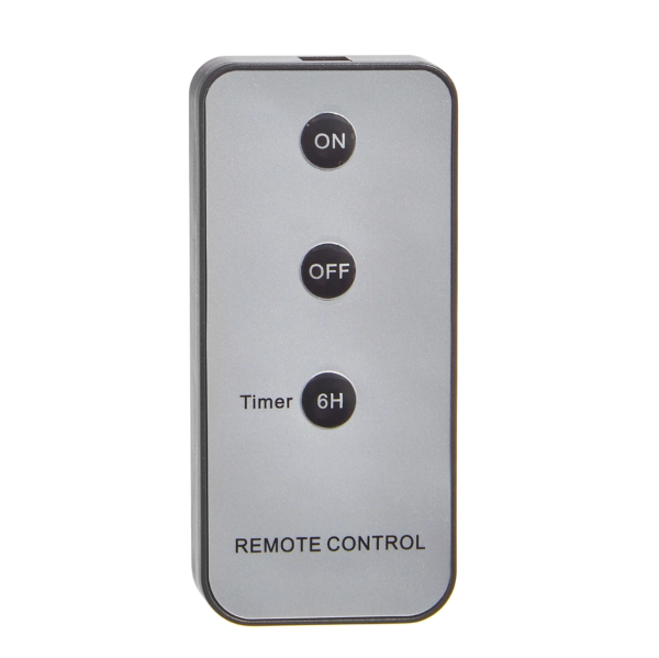 Gray remote control with on/off buttons and timer display on a white background