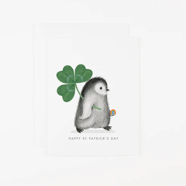 Illustration of a hedgehog holding a four-leaf clover with 'Happy St. Patrick's Day' text on a white background.