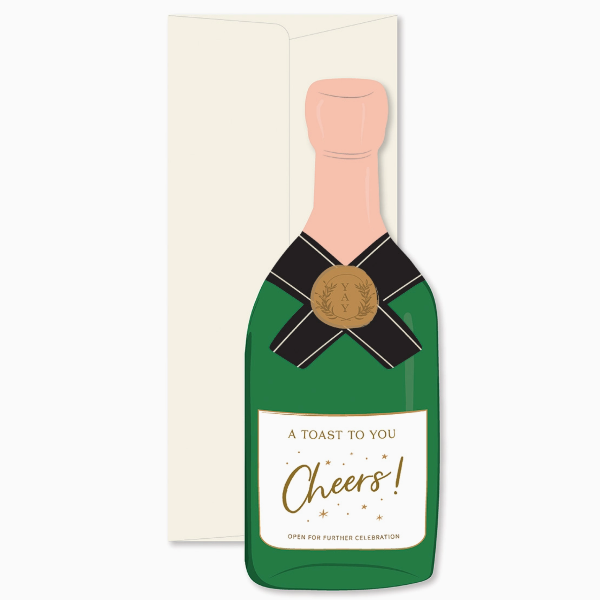 Champagne bottle-shaped card with 'Cheers!' text on a white background