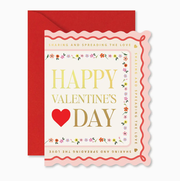Valentine's Day card with red envelope, floral design, and 'Happy Valentine's Day' text.