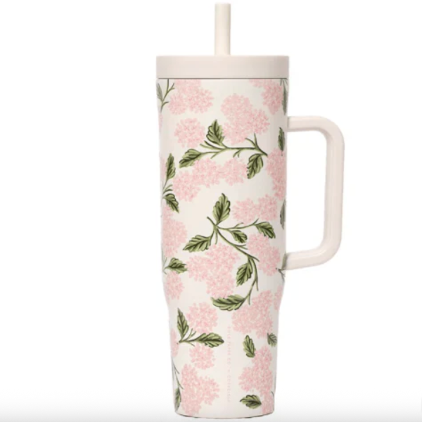 Tumbler with floral design on a white background