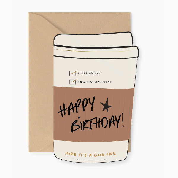 Birthday card with a coffee cup design on a white background