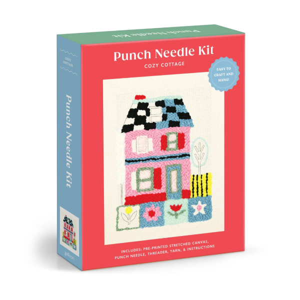 Punch needle kit packaging with a colorful house design on a white background