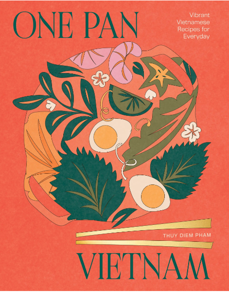 Book cover of 'One Pan Vietnam' with illustrations of food and leaves on a red background.