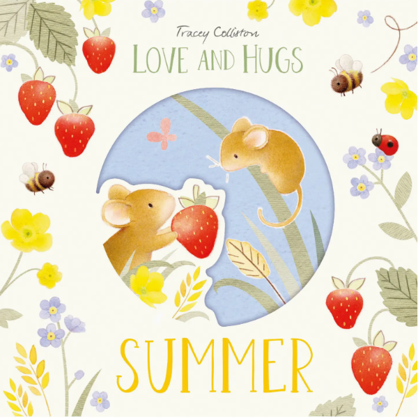 Book cover of 'Love and Hugs Summer' with illustrations of mice, strawberries, and flowers.