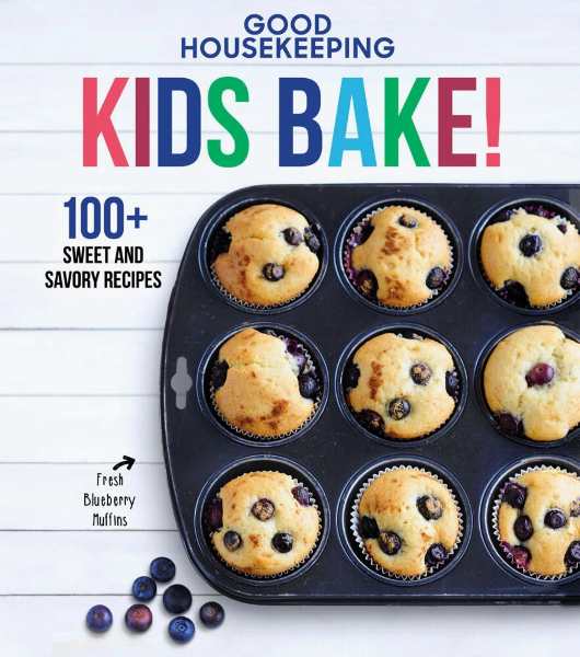 Book cover of 'Good Housekeeping Kids Bake!' with blueberry muffins in a pan.