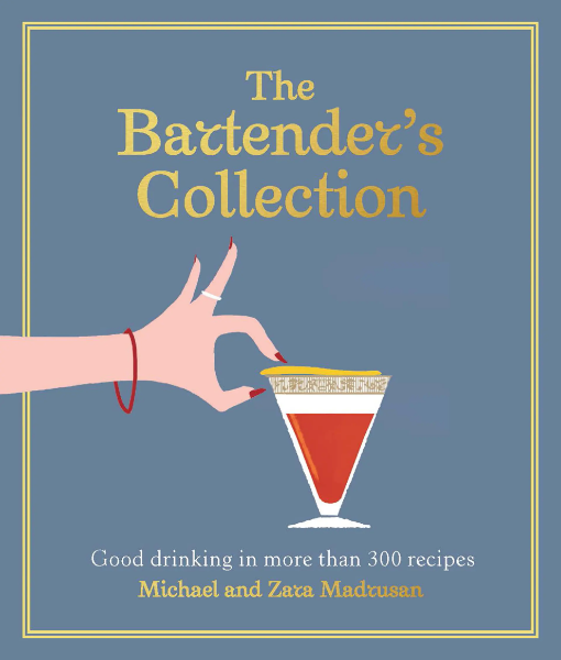 Book cover of 'The Bartender's Collection' with a hand holding a cocktail glass on a blue background.