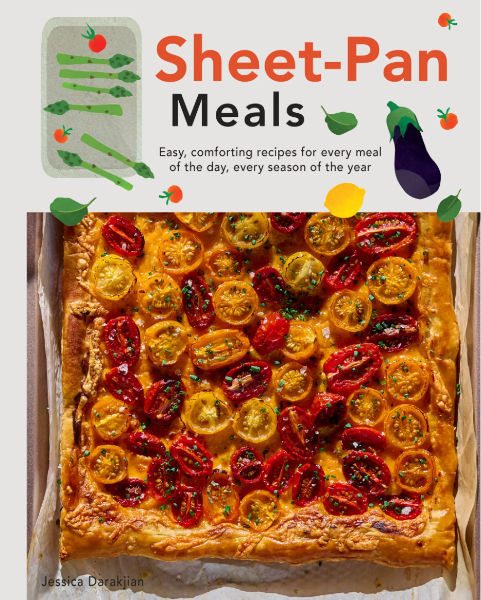 Book cover of 'Sheet-Pan Meals' with a baked dish featuring tomatoes and text.