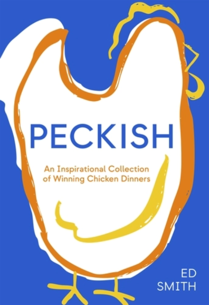 Book cover of 'Peckish' with a stylized chicken illustration on a blue background