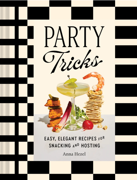 Book cover of 'Party Tricks' with a cocktail and snacks on a checkered background