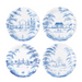 Four blue and white ceramic plates with scenic designs on a white background