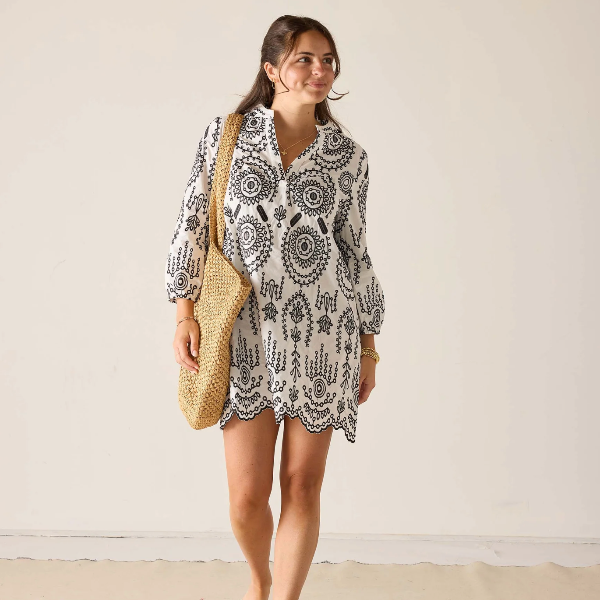 Edie Embroidered Tunic Dress in Domino