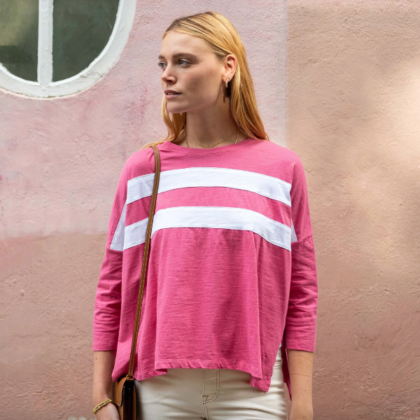 Catalina Slub Tee: Deep Rose/White