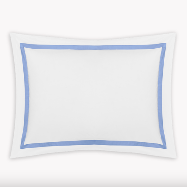 White pillow with a blue border on a white background